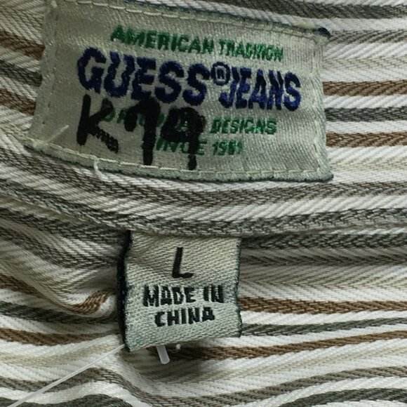 Guess Jeans Mens Long Sleeved Shirt Blue Brown Striped Cotton Size Large - Picture 4 of 10